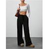 imageWomens Wide Leg Ribbed Knit Pants Drawstring Waist Low Rise Casual Long TrousersBlack