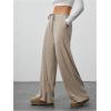 imageWomens Wide Leg Ribbed Knit Pants Drawstring Waist Low Rise Casual Long TrousersBrown