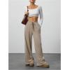 imageWomens Wide Leg Ribbed Knit Pants Drawstring Waist Low Rise Casual Long TrousersBrown
