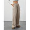 imageWomens Wide Leg Ribbed Knit Pants Drawstring Waist Low Rise Casual Long TrousersBrown