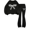 imageGirls 2 Piece Outfits Bowknot Graphic Crewneck Sweatshirt and Flare Pants Casual Clothing SetBlack