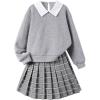 imageGirls 2 Piece Outfits Longs Sleeve Collar Sweatshirt Top and Plaid Pleated Skirts Preppy ClothingGrey