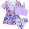 imageGirls 3 Piece Bikini Sets Tropical Spaghetti Strap Bathing Suit with Kimono Cover UpPurple