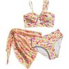 imageGirls 3 Piece Floral High Waisted Bikini Asymmetrical Neck Cut Out Bathing Suit with Cover Up SkirtMulticolor