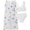 imageGirls 3 Piece High Waisted Bikini Sets Ruffle Cold Shoulder Swimsuit Sheer Appliques Cover Up PantsWhite