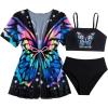 imageGirls 3 Pieces High Waisted Bikini Set Graphic Butterfly Swimsuit with Kimono Beach Cover UpBlack