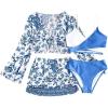 imageGirls 4 Piece Bikini Set Floral Criss Cross Color Block Swimsuit Bathing Suit with Cover UpBlue and White