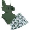 imageGirls Bathing Suit Ruffle Asymmetrical Neck Cut Out Swimsuit and Tropical Tiered Beach Skirts Cover UpArmy Green