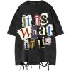 imageMens Vintage Summer Tops Ripped Letter Graphic Tees Short Sleeve Crewneck Oversized T ShirtsBlack