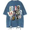 imageMens Vintage Summer Tops Ripped Letter Graphic Tees Short Sleeve Crewneck Oversized T ShirtsBlue