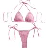 imageWomens 2 Piece Striped Floral Bikini Set Halter Triangle Swimsuit Tie Side Swimsuit BeachwearPink