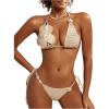 imageWomens 2 Pieces Bikini Set 3D Floral Crochet Knit Halter Bathing Suit SwimwearApricot