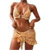 imageWomens 3 Piece Floral Print Halter Triangle Swimsuit Ruffle Cheeky String Bathing Suit with Cover UpYellow