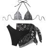 imageWomens 3 Piece Paisley Bathing Suit Halter Triangle Tropical Swimsuit with Mesh Cover Up SkirtBlack