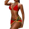 imageWomens 3 Piece Swimsuit Color Block String Bikini Sets Halter Triangle Bathing Suit Swimwear with Cover Up SkirtRed