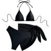 imageWomens 3 Piece Swimsuit Halter Tie Back Triangle String Bikini Set with Cover Up SkirtBlack