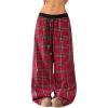 imageWomens Baggy Tartan Plaid Print Pants Wide Leg Drawstring Waist Long Trousers StreetwearRed