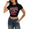 imageWomens Cherry Leopard T Shirts Crew Neck Short Sleeve Graphic Tees Slim Fit Crop TopsBlack and Red Cherry