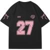 imageWomens Floral Letter Print T Shirt Crew Neck Short Sleeve Drop Shoulder Loose Tee TopsBlack and Pink