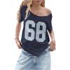 imageWomens Jersey Y2K Graphic One Shoulder Number Print Streetwear T Shirts Short Sleeve Loose Casual Tee TopsDark Blue