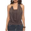 imageWomens Plus Size Beaded Halter Top Sleeveless Slim Fit Draped Ruched Y2K TopsBrown