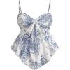 imageWomens Plus Size Boho Camisole Tops Tie Front Ruffle Hem Spaghetti Strap Tank TopWhite and Blue