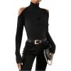 imageWomens Plus Size Cold Shoulder Turtleneck T Shirts Long Sleeve Slim Fit Tee TopBlack