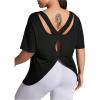 imageWomens Plus Size Cut Out Criss Cross Back Tee Open Back Short Sleeve Crew Neck Athletic Workout TopsBlack