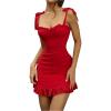 imageWomens Ruffle Hem Cami Dress Tie Strap Bodycon Dresses Vacation Party Mini DressRed