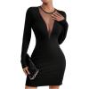 imageWomens Sheer Mesh Mini Bodycon Pencil Dress Crewneck Long Sleeve Dresses ClubwearBlack