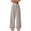 imageWomens Striped Wide Leg Pants Elastic Waist Letter Patched Long Trousers with PocketsBrown