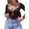 imageWomens Tie Front Cut Out TShirt Deep V Neck Long Sleeve Slim Fit Fall TeesBlack
