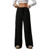 imageWomens Wide Leg Ribbed Knit Pants Drawstring Waist Low Rise Casual Long TrousersBlack