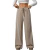 imageWomens Wide Leg Ribbed Knit Pants Drawstring Waist Low Rise Casual Long TrousersBrown