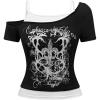 imageWomens Y2k Goth Tops Graphic Vintage Cold Shoulder TShirts Short Sleeve Fitted 2 in 1 Going Out ShirtBlack and White