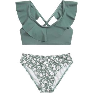 imageGirls 2 Piece Floral Ruffle Swimsuit Set Crisscross Back Bathing Suit Cute SwimwearGreen