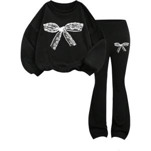 imageGirls 2 Piece Outfits Bowknot Graphic Crewneck Sweatshirt and Flare Pants Casual Clothing SetBlack