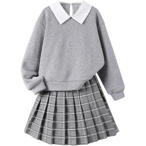 imageGirls 2 Piece Outfits Longs Sleeve Collar Sweatshirt Top and Plaid Pleated Skirts Preppy ClothingGrey