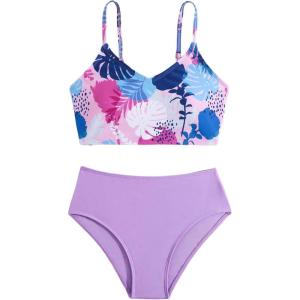 imageGirls 2 Piece Swimsuit Tropical Print Spaghetti Strap High Waisted Cute Bathing SuitPurple