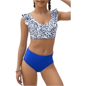 imageGirls 2 Pieces Swimwear Set Graphic Print Ruffle Bikini Tops and BottomsBlue