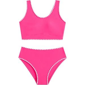 imageGirls 2 Pieces Swimwear Set Scoop Neck Tank Tops and Bikini Bottoms BeachwearHot Pink