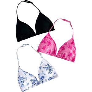 imageGirls 3 Packs Floral Halter Bikini Tops Wireless Padded Bathing Suit Tops Swimsuit BrasMulticolor Print