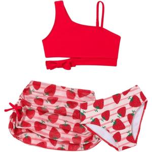 imageGirls 3 Piece Bathing Suit Asymmetrical Neck Cut Out Wireless Swimsuit with Graphic Cover Up SkirtsRed