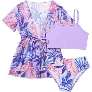 imageGirls 3 Piece Bikini Sets Tropical Spaghetti Strap Bathing Suit with Kimono Cover UpPurple