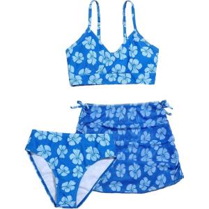 imageGirls 3 Piece Floral Bikini Set Swimsuit Bathing Suit with Cute Drawstring Ruched Beach SkirtBlue