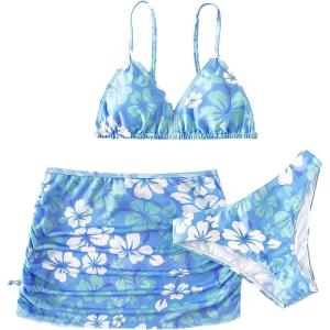 imageGirls 3 Piece Floral Bikini Set Swimsuit Cute Bathing Suit with Ruched Drawstring Beach Skirt Cover UpBlue