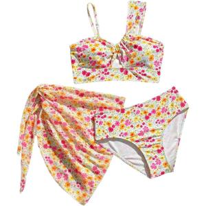 imageGirls 3 Piece Floral High Waisted Bikini Asymmetrical Neck Cut Out Bathing Suit with Cover Up SkirtMulticolor