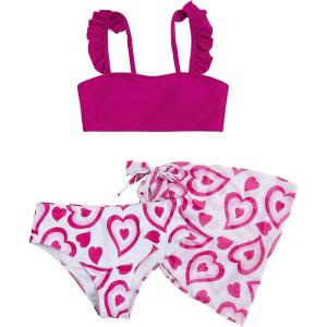 imageGirls 3 Piece Heart Ruffle Bathing Suit Graphic Wireless Swimsuit with Beach Skirt CoverupsMulticolor
