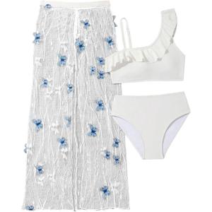 imageGirls 3 Piece High Waisted Bikini Sets Ruffle Cold Shoulder Swimsuit Sheer Appliques Cover Up PantsWhite
