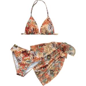 imageGirls 3 Piece Swimsuit Boho Floral Halter Triangle Bathing Suit with Beach Cover Up SkirtMulticolor